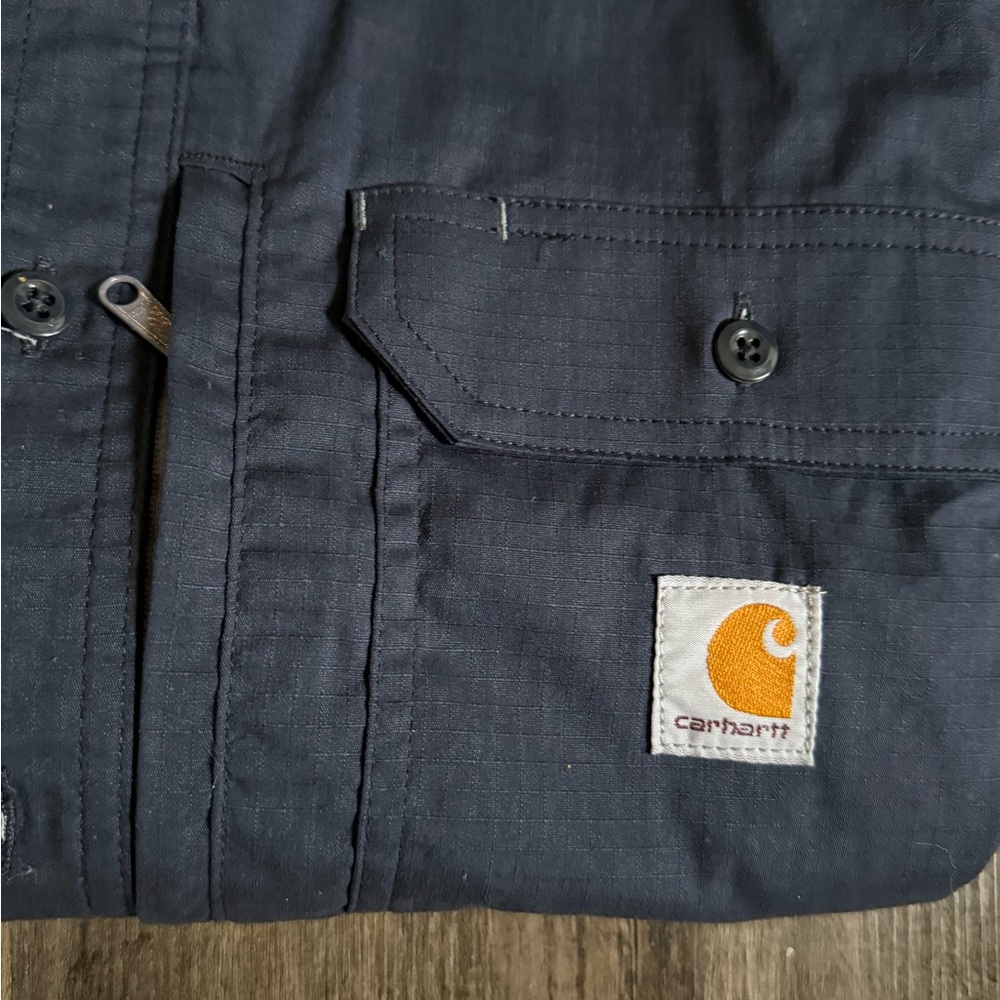 Carhartt Men’s Large Utility Navy Button-Up Work Shirt with Orange Logo Patch